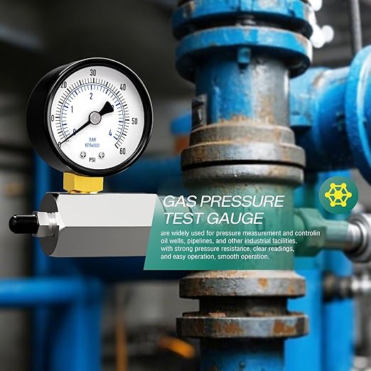 0-60PSI Gas Test Pressure Gauge, 2" Dial Size, 3/4" FNPT Connection, -3-2-3% Accuracy, Brass Valve, Chrome Plated Steel Body Assembly, for as Well as Gas line, air Circuit, Pressure Test