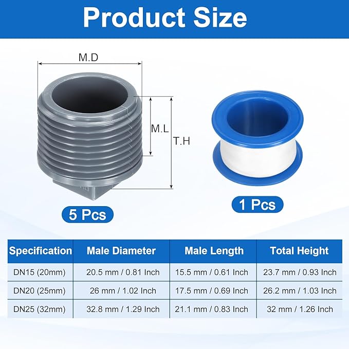 uxcell 10Pcs 1 Inch PT Male Thread PVC Pipe Fitting Plug, Cleanout Plugs, Water Drain End Caps Coupling Adapter with Tape for Water Heater Supply Lines, Plumbing, Gray