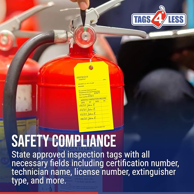 Tags 4 Less Custom Fire Extinguisher Tags – Preventative Maintenance Labels for Monthly Inspections, Alternative to Safety Sticker for Easy Record-Keeping – Pack of 100 (Yellow, Vinyl Plastic)