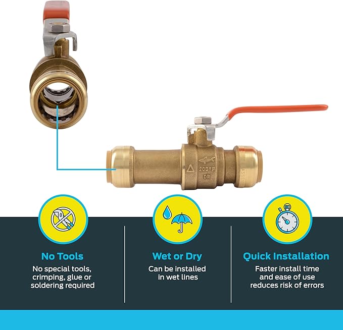 SharkBite 3/4 Inch Slip Ball Valve, Push to Connect Brass Plumbing Fitting, PEX Pipe, Copper, CPVC, PE-RT, HDPE, 24736LF