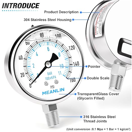 MEANLIN MEASURE 0~160Psi Liquid Filled Pressure Gauge Stainless Steel with 316 Stainless Steel Joint 1/4" NPT 2.5" FACE DIAL for Air Compressor RV Regulator Water Pressure Tester Lower Mount