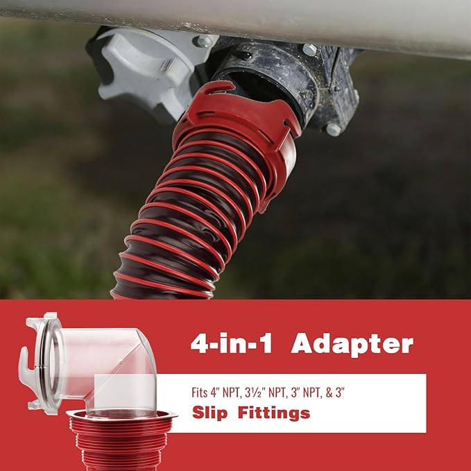 10FT RV Sewer Hose Kit: Heavy Duty Camper Waste Hose with Leak-Proof Swivel Fittings, 90° Clear Elbow, 4-in-1 Adapter, TPE Tech for Crush-Proof and UV-Resistant