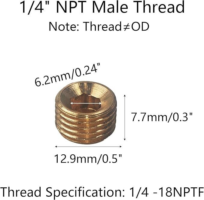 12PCS 1/4" NPT Male Plug Fitting Set, Brass Hex Counter Sunk Plugs, Internal Hex Socket Thread Pipe Plug for Closing the End of Pipe