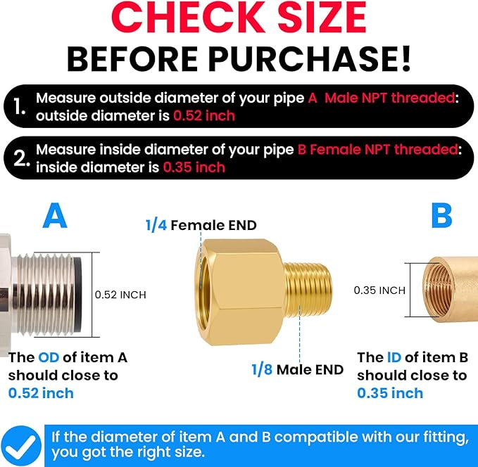 SDTC Tech 2-Pack Brass Pipe Fitting 1/8 NPT Thread Male to 1/4 NPT Thread Female Reducer Adapter, Brass Pipe Extension Connectors