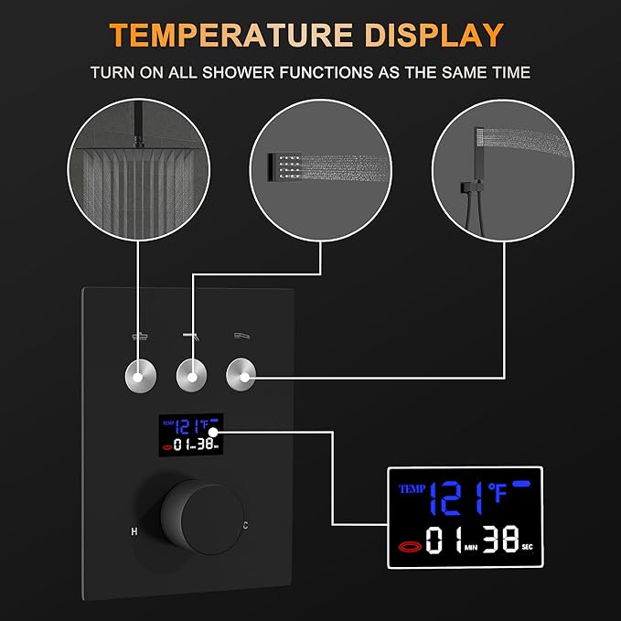 AYIVG Matte Black Shower Flow Control Valve Temperature Display Concealed 3 Way Outlet Function Shower Diverter Valve Brass Thermostatic Mixing Valve Kit Replacement Can Run Together