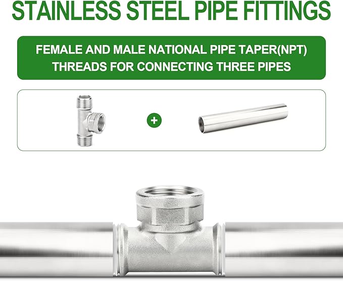 TAISHER 2PCS 304 Stainless Steel Tee Pipe Fittings, 3/8" NPT Male x 3/8" NPT Female x 3/8" NPT Male Pipe Fittings, Female Branch Tee