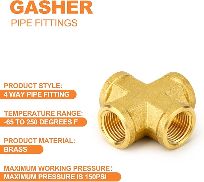 GASHER 2PCS Brass Pipe Fitting, Cross 4 Way Pipe Fitting, 3/8" x 3/8" x 3/8" x 3/8" NPT Female Pipe