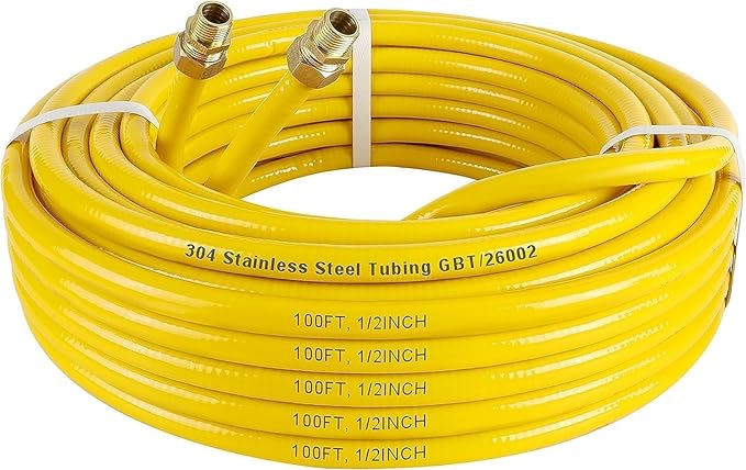 100FT 1/2" CSST Gas Line 1/2in Natural Flexible Gas Line with 2 Male Adapter Fittings, CSST Corrugated Stainless Steel Gas Tubing Pipe Kit for Stove Dryer Heater Gas Propane (100FT)