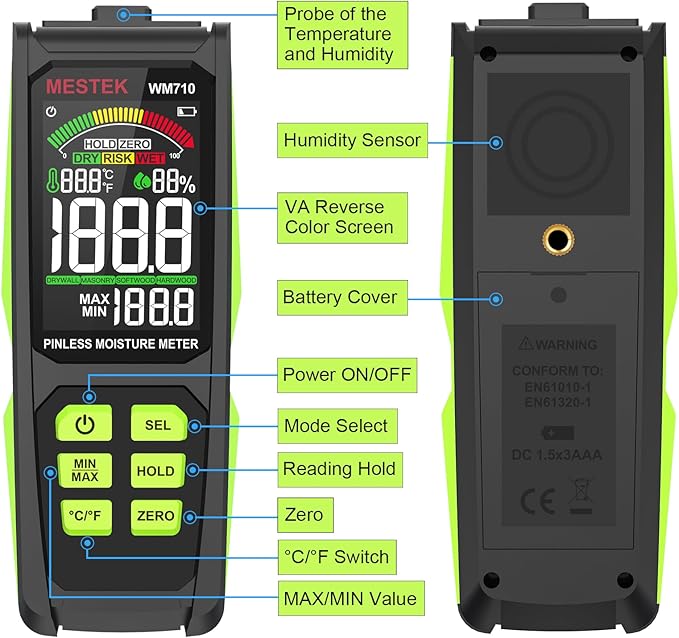 MESTEK Pinless Wood Moisture Meter - Digital Moisture Detector for Lumber Drywall Firewood Masonry Woodworking Plaster Floor Concrete Building, Moisture Reader and Tester with LCD Display & Audible