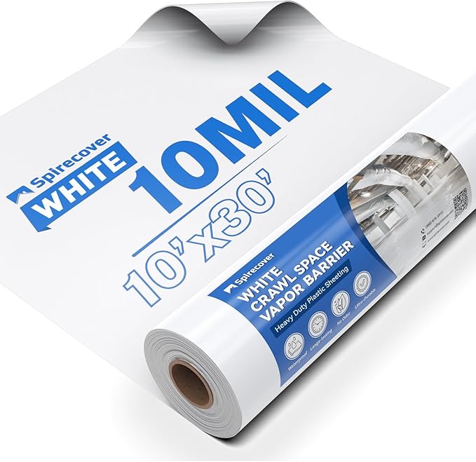 White Crawl Space Vapor Barrier, 10 Mil Vapor Barrier, 10' x 30', Heavy Duty Polyethylene Film, Thick Plastic Sheeting, Plastic Drop Cloth Covering for Crawl Space