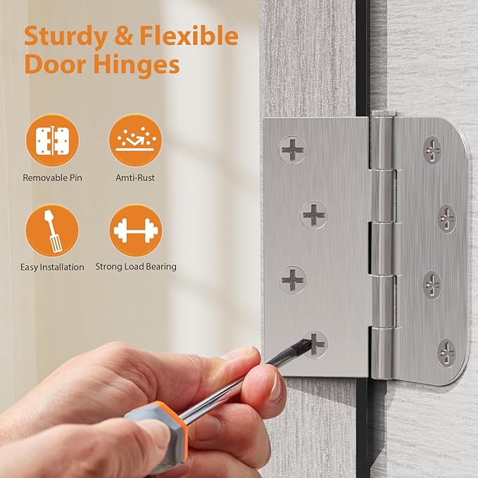 18 Pack Brushed Nickel Door Hinges, 4 Inch Exterior Door Hinges with Square & 5/8" Radius, 4 in Satin Nickel Heavy Duty Residential Front and Back Hinges, Removable Pin & No Squeaks