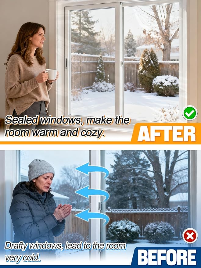 Thicken 63×433in Window Insulation Kit for Winter - Fits 10 Windows of 3' x 5' Clear Plastic for Patio Winterizing, Heat Shrink Cuttable Window Film with Double-Sided Tape