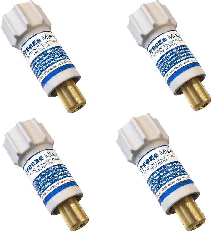 Freeze Miser Outdoor Faucet & Spigot Freeze Protection – Patented Valve Shield, Activates at Water Temperature Below 37°F/3°C – Durable Winter Cover Alternative – Quick Install, Saves Water – 4 Pack