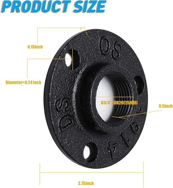 3/4" Antirust Black Floor Flange, 10 Pack Malleable iron Pipe Fittings for Industrial vintage style, Flanges with Threaded Hole for DIY Project/Furniture/Shelving Decoration (10, 3/4")