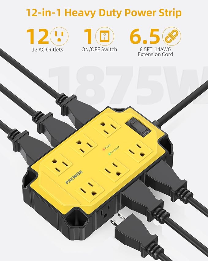 Heavy Duty Power Strip15 Amps/1200 Joules, 12 Outlets Industrial Magnetic Surge Protector, 6.5 FT Extension Cord for Industrial Shop Garage (Yellow)