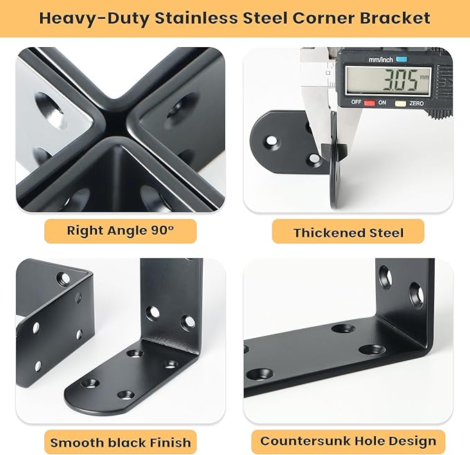 Alise 4Pcs Stainless Steel L Brackets for Shelves Black, Small Floating Shelf Brackets, 90 Degree Right Angle Bracket, Heavy Duty Metal L Bracket Corner Brackets for Wood Furniture (3.35X3.35 in)