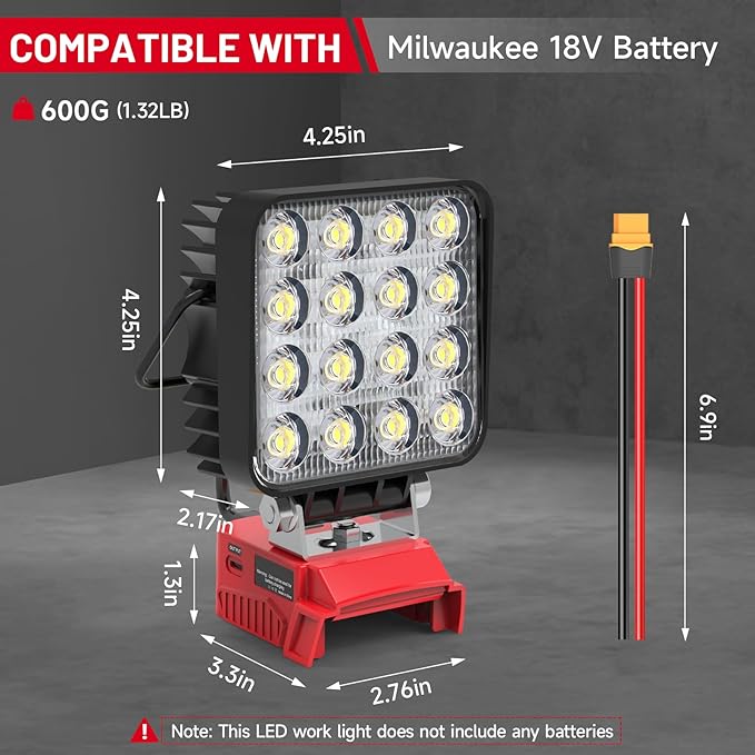 New Upgrade Azocek LED Work Light Compatible with Mil-wau-kee 18V Battery, 48W 4800LM Flashlight, 18V Battery Cordless Work Light with Low Voltage Protection & Dual USB & Type-C Charging Port (48W)