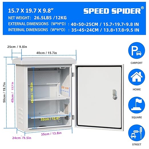 Outdoor Electrical Enclosure Equipment Box - 15.7 * 19.7 * 9.8" Universal IP Waterproof Box,Galvanized Plate Electrical Enclosure,with Removable Mounting Plate and Muffin Fan Vent (40 * 50 * 25cm)