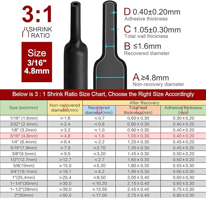 Chanzon 3:1 Ratio - 80ft Roll - Heat Shrink Tubing 3/16" (4.8mm) - Marine Grade Waterproof Adhesive Lined - (25M Total Length) Black Polyolefin Sleeving Wrap Shrinking 3 to 1 Ratio 1pcs