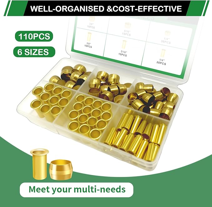 110pcs Brass Compression Sleeves Ferrules Inserts Fittings Assortment Kit, 3/8" 5/16" 1/4" 3 Sizes Air Hose Ferrules Kit of Air Water Fuel Oil Gas Tube Lines