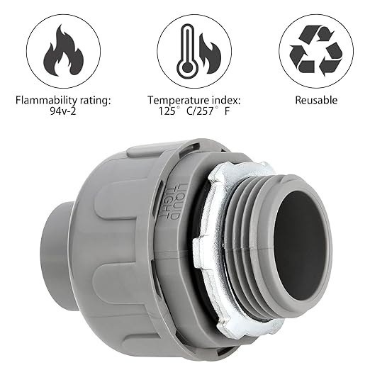 1 Inch Liquid Tight Connector - 6 Pack Liquid Tight Conduit 180 Degree PVC Electrical Conduit Fitting Non Metallic Straight Flexible Conduit Connectors for Indoor Outdoor Home, Kitchen, and Bathroom