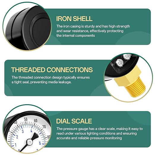 0-100psi Well Pump Pressure Gauge 1/4" NPT 2" Face Dial Size Lower Mount, Multifunctional Practical Dry Pressure Gauge, for Water, Oil and Air Compressor
