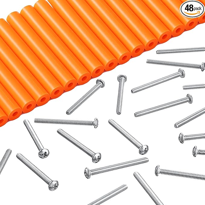 Hotop 48 Pieces Electrical Outlet Spacers Extender Kit Includes 24 pcs 3 Inch Switch and 24 1-1/2 Inch 6-32 Thread Flat Head Device Mounting Extra Long Electrical Outlet Screws (Orange)