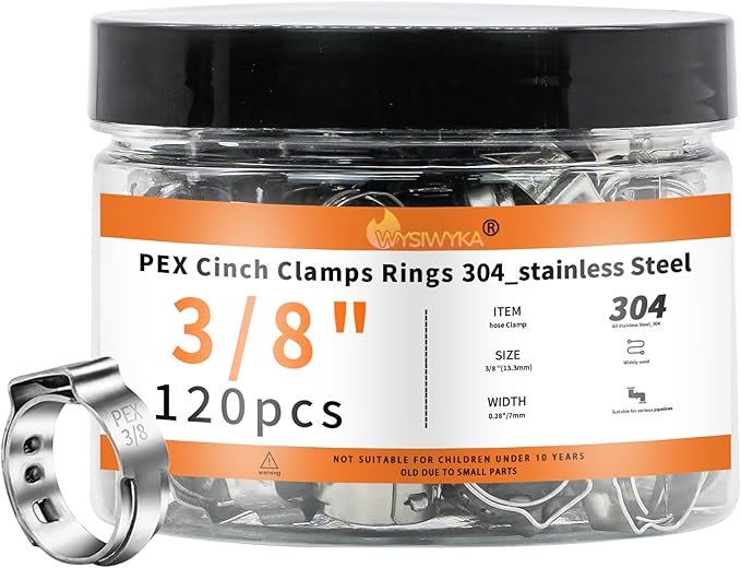 120pcs 3/8 inch PEX Cinch Clamps Rings, 304 Stainless Steel Single Ear Hose Clamps, Pex Crimp Rings for PEX Tubing Pipe Fitting Connections