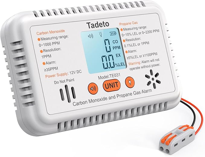 Tadeto RV Carbon Monoxide and Propane Gas Alarm, 12V DC Hardwired CO/LPG Gas Leak Alarm with Light and Audible Indicator, RV Propane Detector with Reset/Backlight for RV/Trailer/Camper