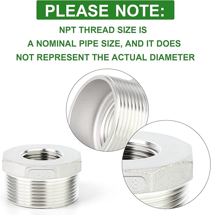 TAISHER 5PCS 304 Stainless Steel Reducer Hex Bushing, 1" NPT Male x 3/8" NPT Female, Reducing Pipe Adapter Fitting