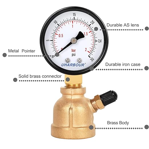 Gas Line Pressure Tester, Brass Gas Pressure Tester Gauge, 3/4" FNPT Forged Brass Assembly with Air Pressure Gauge 30psi and Air Bleeding Valve for Pressure Testing on Home Gas Line