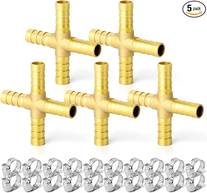 GASHER 5PCS 5/16" Brass Hose Barb, 4-Way Hose Fitting with 20 Hose Clamp Intersection/Lquid/Fuel/Air
