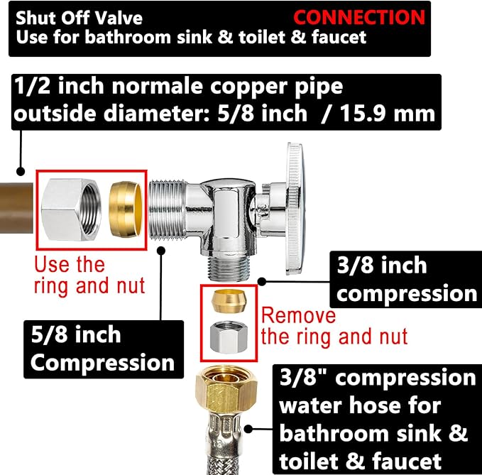 (10 Pack) Lidertik 5/8 inch Compression (for 1/2 inch Normal Pipe) Angle Stop Valve 1/2 inch x 3/8 inch Compression for Water Toilet Bathroom Sink Brass Plated Chrome 1/4 Turn Valve JF-COMP-A(10 PCS)
