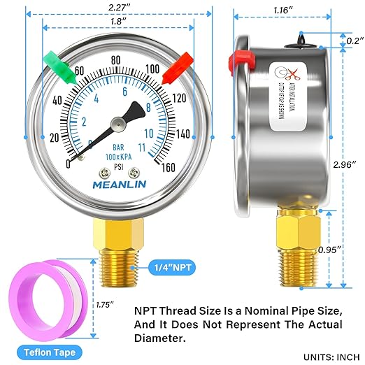 MEANLIN MEASURE 0~160Psi Dry Pressure Gauge Stainless Steel 1/4" NPT 2" FACE DIAL Waterproof for Air Compressor RV Regulator Water Pressure Tester Lower Mount (with 2PCS Snaps)