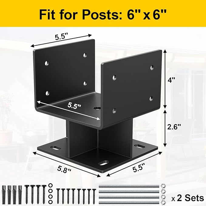 6"x 6" Concrete Post Base, 2Pcs Stainless Steel Adjustable Post Anchor Bracket (Internal 3.5 x 3.5), U-Shape Wood Post Base Holder for Pavilion Deck Porch Handrail Railing Support