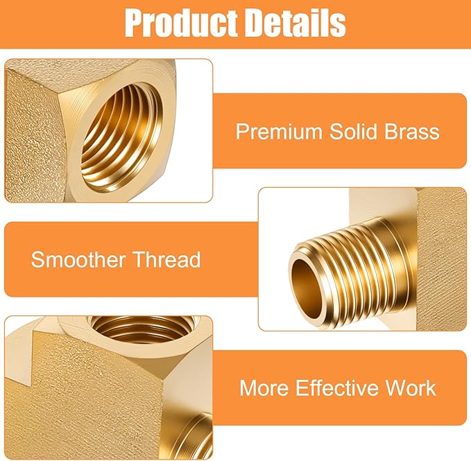 2 Pcs 1/8'' Npt Tee Barstock Street Tee Fittings 1/8" NPT Female Pipe to 1/8" Male Pipe to Female Pipes Fitting Metals Brass Barstock Street Pipes Hose Fitting