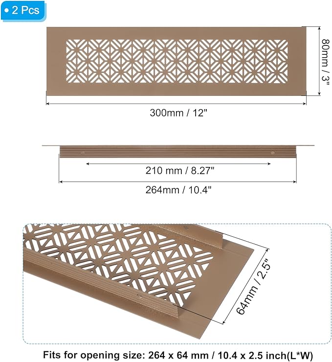 PATIKIL 12 x 3 Inch Door Air Vent Cover, 2 Pcs Heavy Duty Aluminum Grille Ventilation Cover Louvered with Mounting Screws for Cabinet Wardrobe Door, Brown