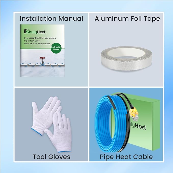 120 V Heat Tape with Thermostat for Pipe Freeze Protection, 70 Feet Heat Trace for Water Pipes, 5 W/Ft, Electric Self-regulating Pipe Heating Tape for Metal And Plastic Pipes SnulyHeet