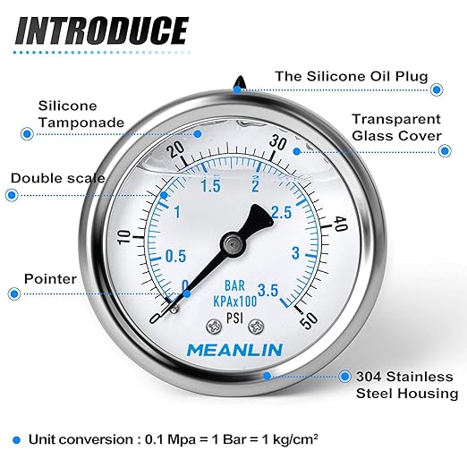 MEANLIN MEASURE 0~50Psi Stainless Steel 1/4" NPT 2.5" FACE DIAL Liquid Filled Pressure Gauge WOG Water Oil Air Center Back Mount, with 1/4" x 1/2" NPT and 1/4" x 3/8" NPT Hex Bushing