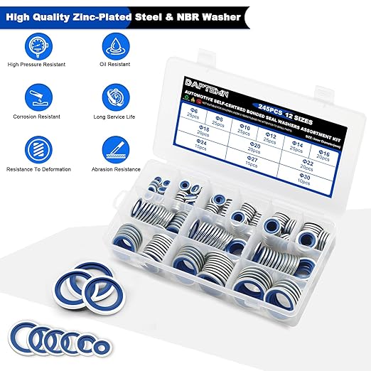 245PCS Metric Bonded Seal Dowty Washer, NBR Zinc-Plated Automotive Self-Centred Seal Rubber Washers, Gasket Seal Crush O-Ring Assortment Kit Set, Includes Sizes of M6-M30