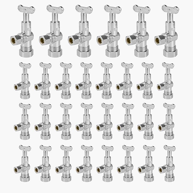 30-Pack GUOFIS Angle Stop Valve with 1/4 Turn Loose Control Key,1/2" Nominal (5/8" OD) Compression x 3/8" OD,Chrome Plated Brass Shut-off Valves for Potable Water(VALVE142-30Pack)