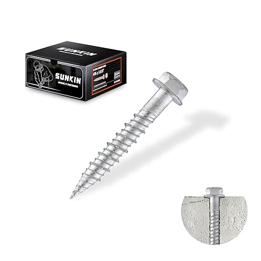 SUNKIN #14x1-5/8 inch Stainless Steel 18-8 Bi-Metal Masonry Concrete Screw, Hex Head Zinc Plated 60 PCS Exellent NO Rust for 20+ Years Ideal for Outdoors Projects