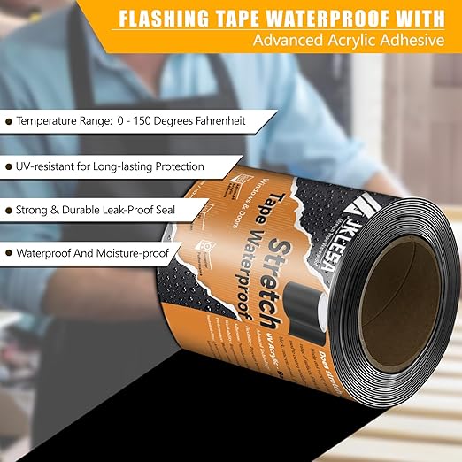 Stretch Tape for Windows & Doors, 6" x 20' Roll UV Resistant Flashing Tape Waterproof, Self-Adhesive Flashing Tape for Windows, Weather Window Tape with Advanced Acrylic Adhesive, Black (2, 6" x 20')