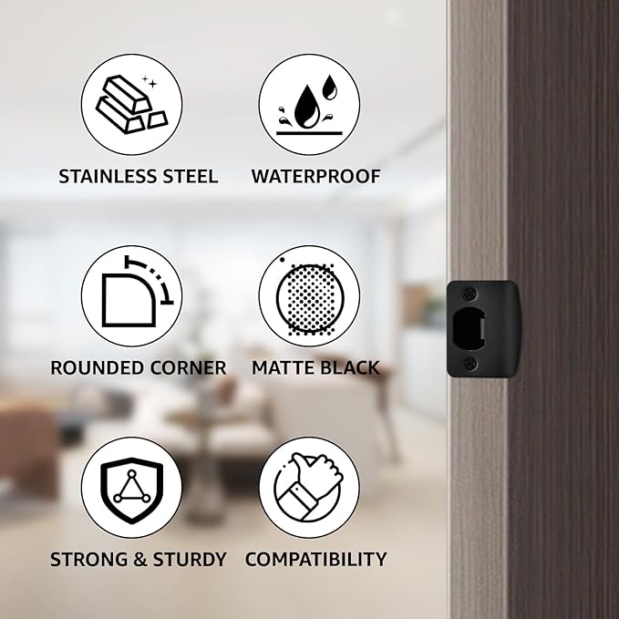 12 Pcs Deadbolt Strike Plate, Stainless Steel Round Corner Door Strike Plate Black Deadbolt Covers Door with Screws Reinforcement Kit