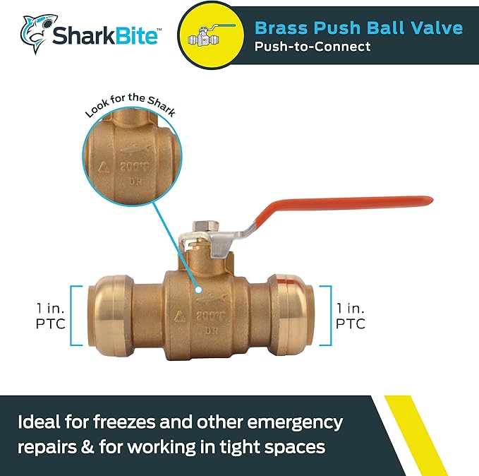 SharkBite 1 Inch Ball Valve, Push to Connect Brass Plumbing Fitting, Water Shut Off, PEX Pipe, Copper, CPVC, PE-RT, HDPE, 22223-0000LFA