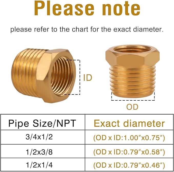 Brass Reducer Hex Bushing, NPT 3/4 Male x NPT 1/2 Female Threaded Fitting Adapter, Water Line Threaded Reducing Pipe Fitting, 2PCS