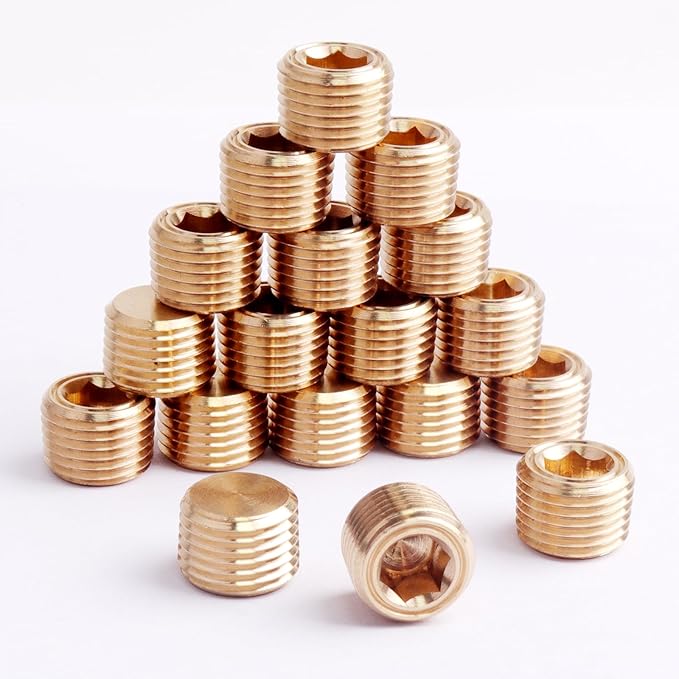 18PCS Brass Pipe Plug Fitting 1/8" NPT Male Plug Hex Counter Sunk Plugs,Internal Hex Thread Socket Pipe Plugs Kit