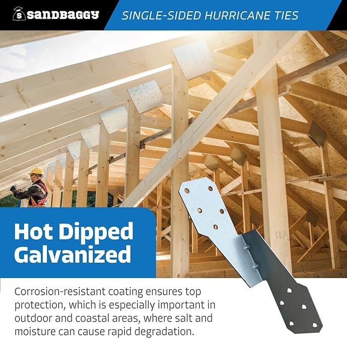 Sandbaggy Single-Sided Hurricane Ties - Hot Dipped Galvanized, 18 Gauge - Structural Wood Framing Connectors for Rafters, Trusses, Deck Joists (Single-Sided, 10, Count)