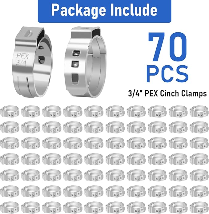 Kodilin 70-Pack 3/4 Pex Crimp Rings, Heavy-Duty 304 Stainless Steel Single Ear Pex Clamps Wider & Thicker Pex Cinch Clamps for Superior Grip & 360° Seal, Fits PEX Tubing Pipe Fitting Connections
