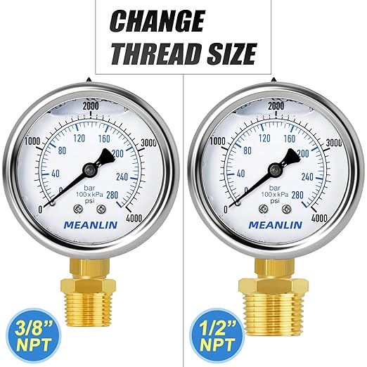 MEANLIN MEASURE 0~4000Psi Stainless Steel 1/4" NPT 2.5" FACE DIAL Liquid Filled Pressure Gauge WOG Water Oil Air Lower Mount, with 1/4" x 1/2" NPT and 1/4" x 3/8" NPT Hex Bushing